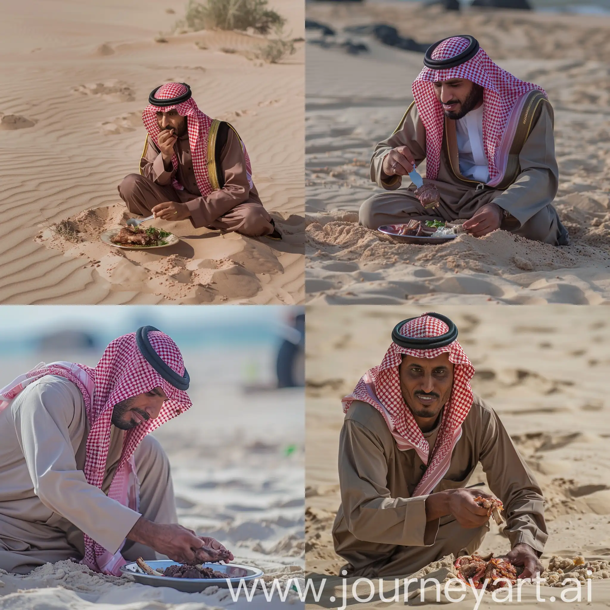 Saudi-Man-Enjoying-Traditional-Lamb-Meal-on-Desert-Sands