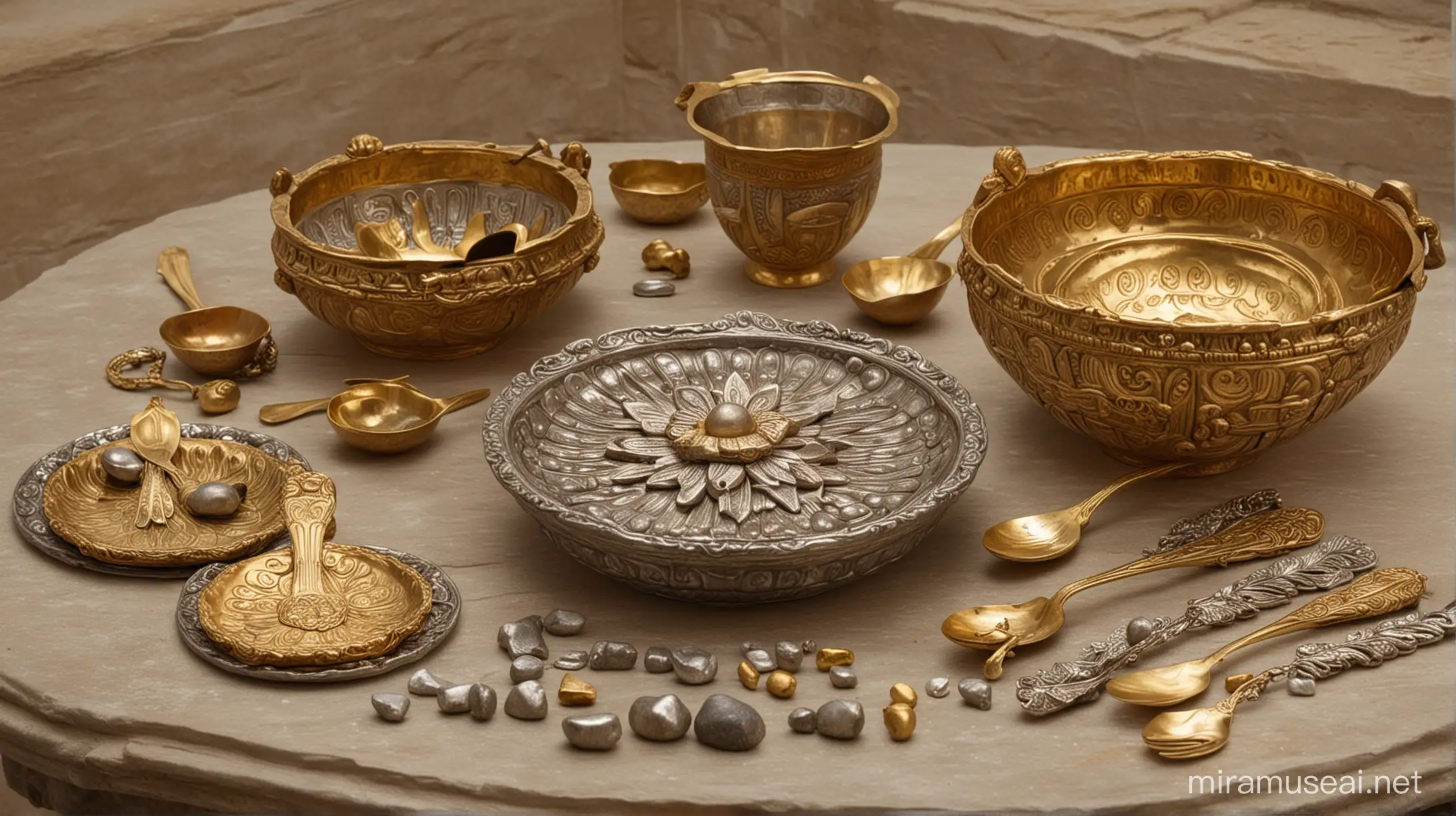 Gold and silver spoons, gold and silver bowls, an Ornate stone alter, a jewish temple in the era of moses