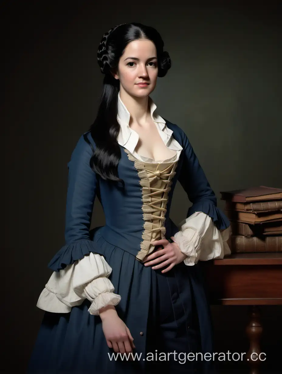 Александр гамильтон в женской версии, с ровными чёрными волосами до пояса, в одежде 18 века, с красивым лицом