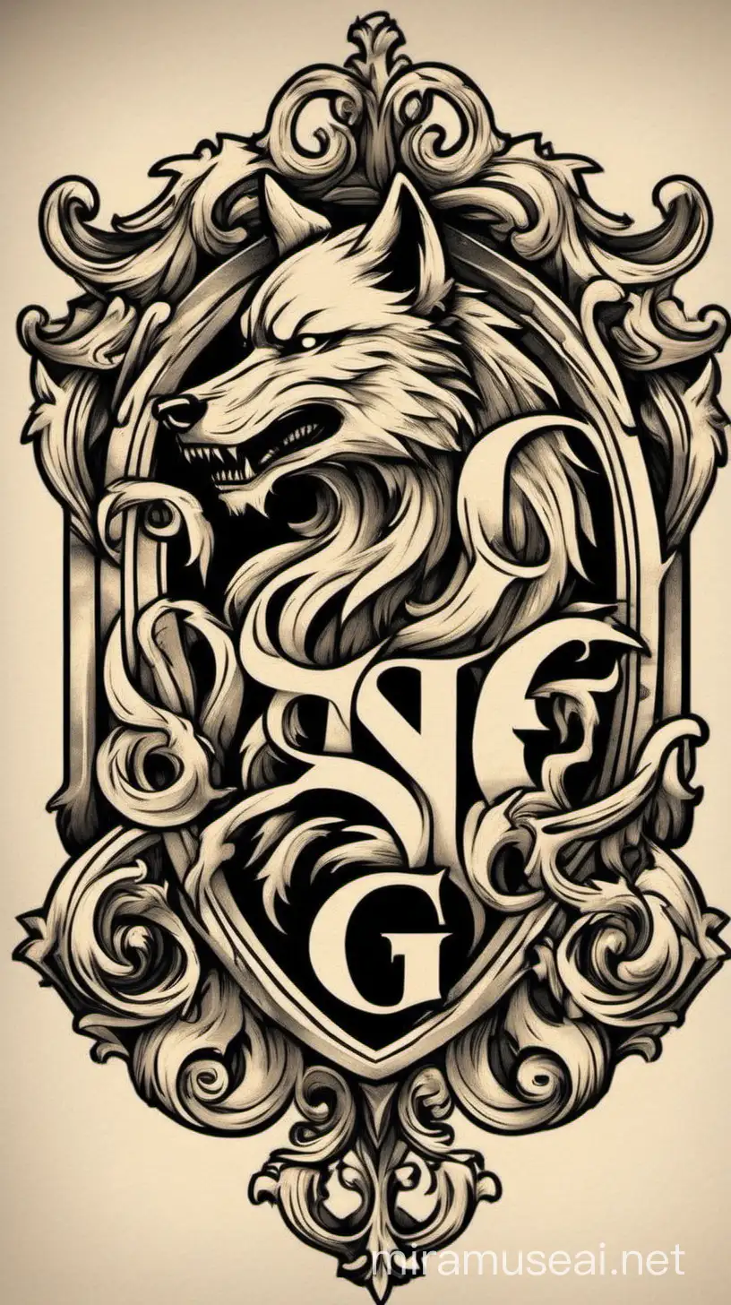 vorrei un marchio di famiglia  con uno sfondo di un lupo e una lettera G in formato stilizzato


