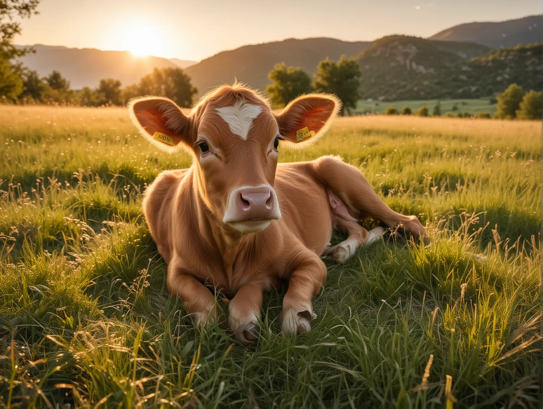 light brown newborn calf laying in a meadow with the valley of grass and trees fading behind him into the warm sunset