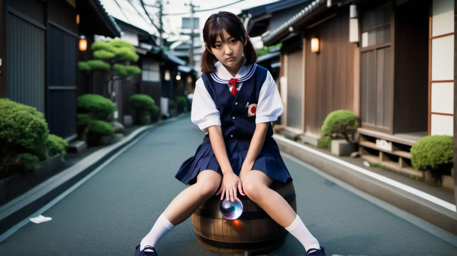 Japanese seifuku teenage girl sits on a barrel in a narrow Japanese street, and holds a large crystal ball between her legs