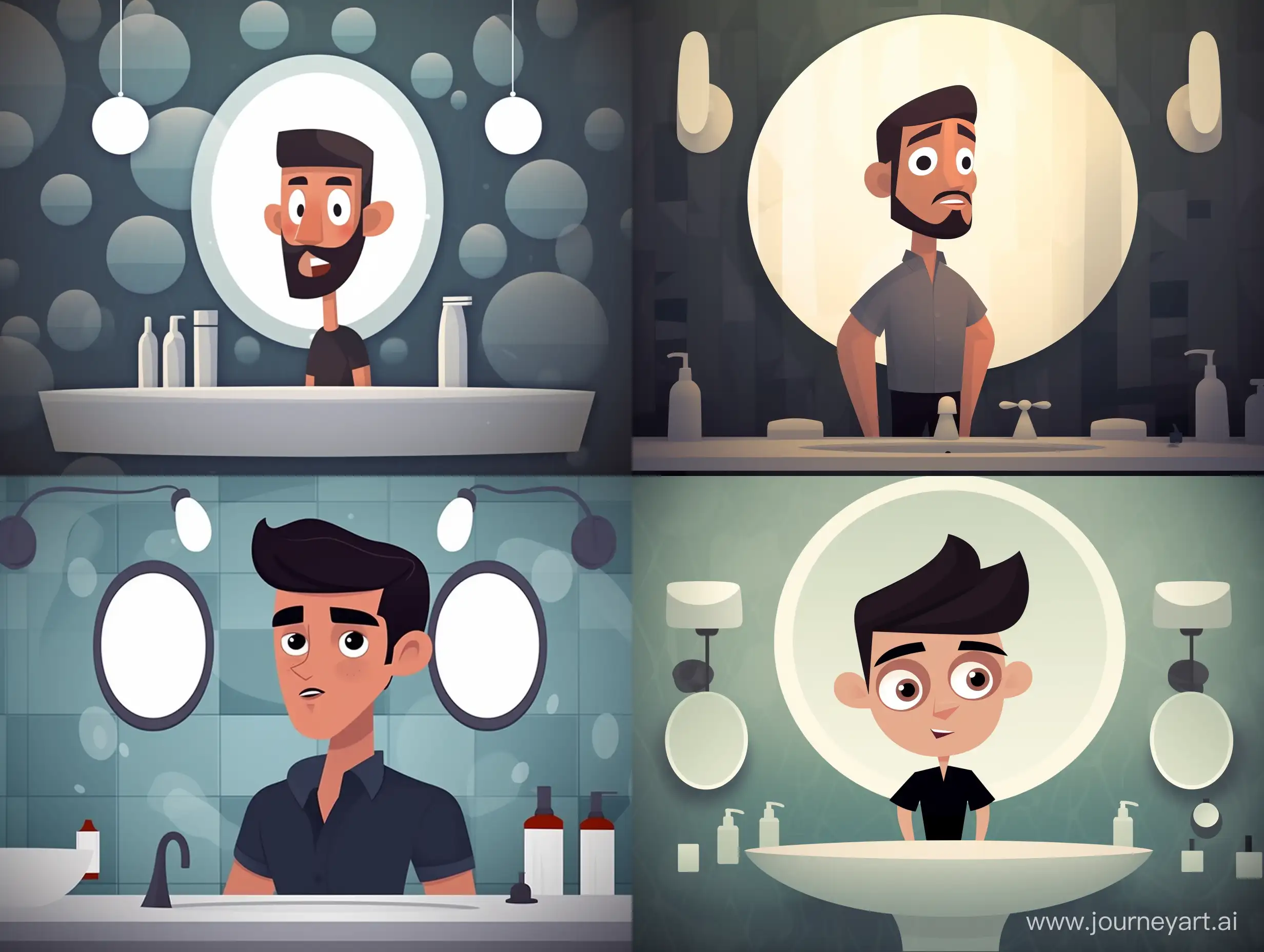 Cartoon pixar style of a красивый парень в ванной стоит перед зеркалом. Фон будто в пузырях ванны