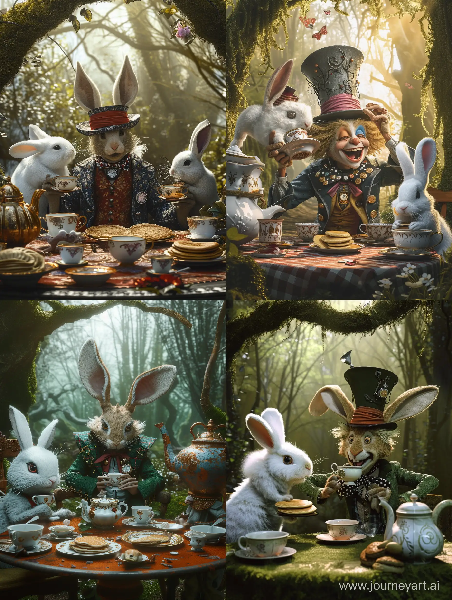 Whimsical-Tea-Time-in-the-Enchanted-Forest-with-Cheerful-Hatter-White-Fluffy-Mouse-and-Rabbit