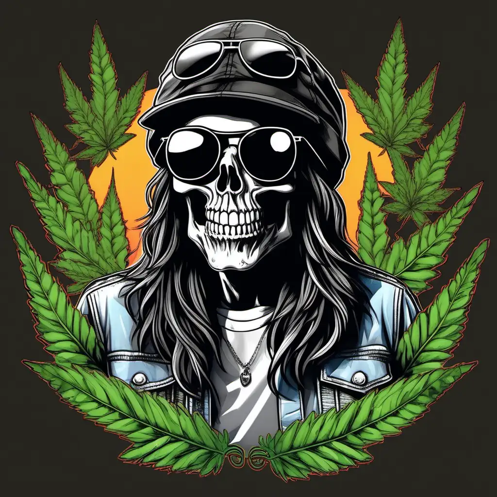 A detailed illustration a biker,Dead Skull wearing trendy small round black rimmed shades , with weed leaf on bandana,   long hair, hippy, stoner, ,t-shirt design, t-shirt design, 3D vector art, 
cartoon effect ,Adobe Illustrator, hand-drawn, digital
painting, low-poly, soft lighting, retro aesthetic, focused on
the character, 4K resolution, photorealistic rendering, using Cinema 4D --s 750 --style raw
