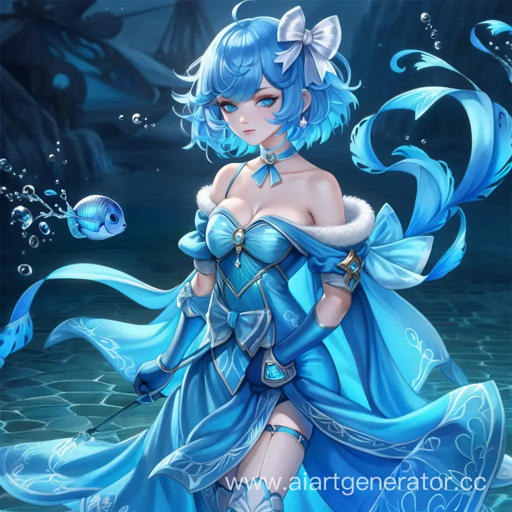 Girl, with bright short glowing neon blue hair, bright neon blue eyes, pale skin, blue fluffy dress with a white big bow, long blue shoulder-length gloves, bare shoulders, blue patterned stockings, floor-length water blue glowing cape, water staff, limitless seabed, water elements, shell jewelry on the head, serene wise look, scales under the eyes.