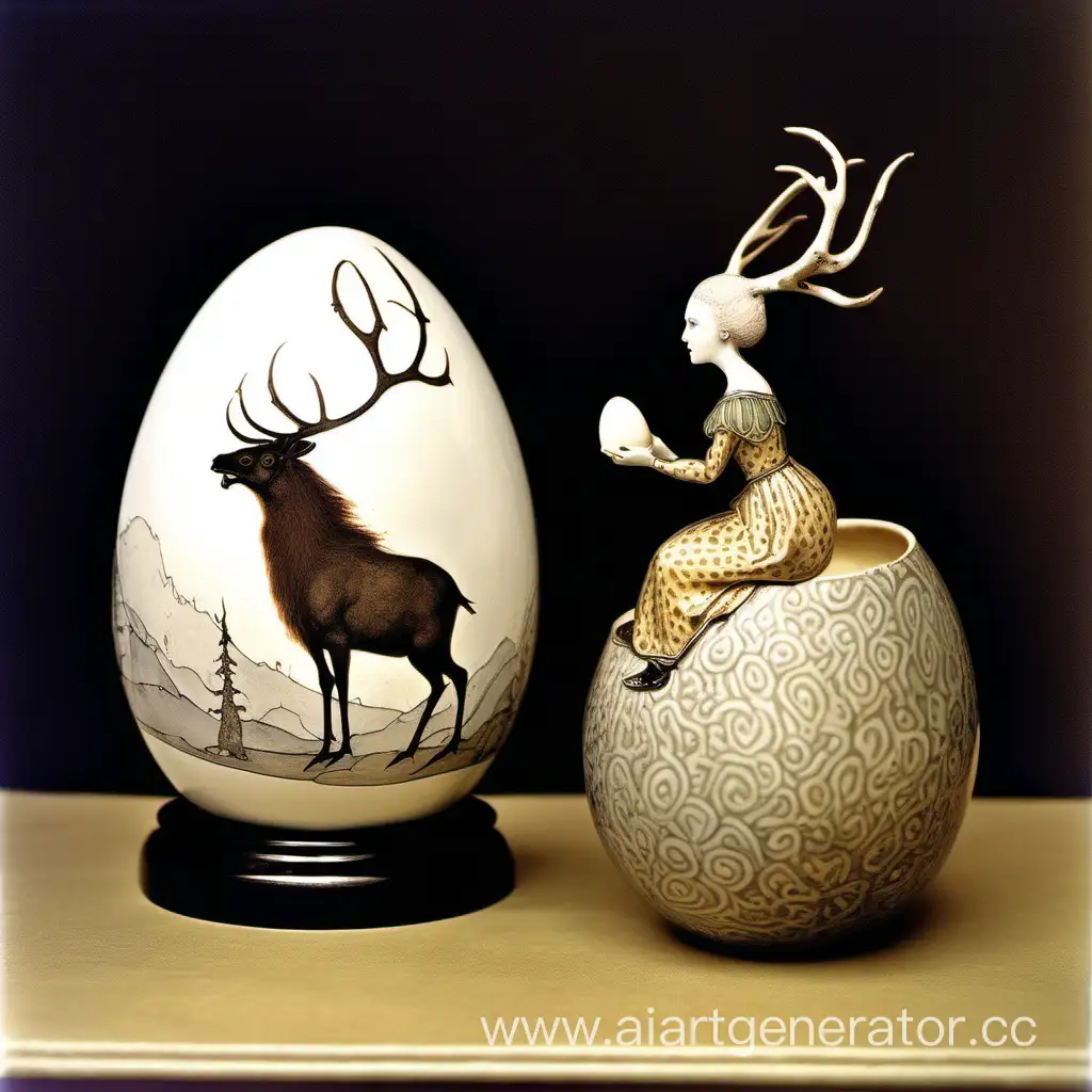 Ceramic Easter egg, painted with an elk and a princess looking like painting by swedish painter john Bauer, Troll and Tuvstarr in 1915