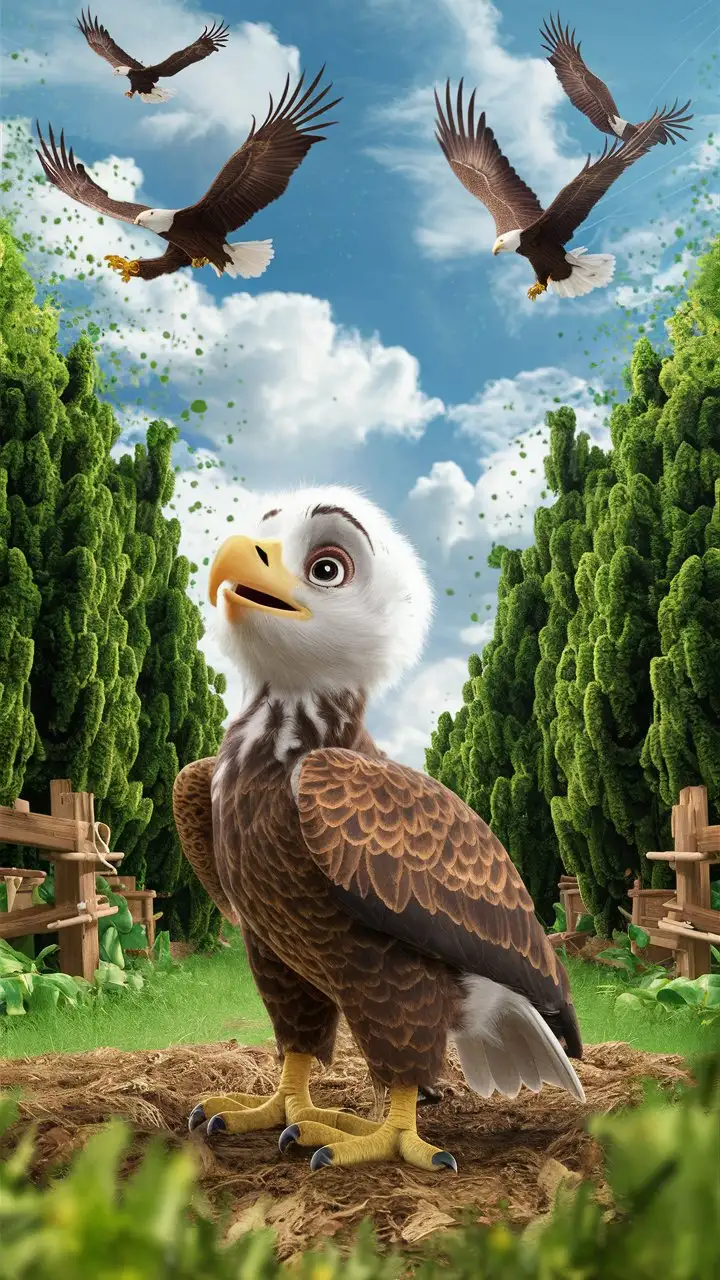 Create a 3D illustrator of an animated scene where an baby eagle standing in the farm with dense trees and looking up the sky and watching at other eagles flying high in the sky. Beautiful colourful and spirited background illustrations.