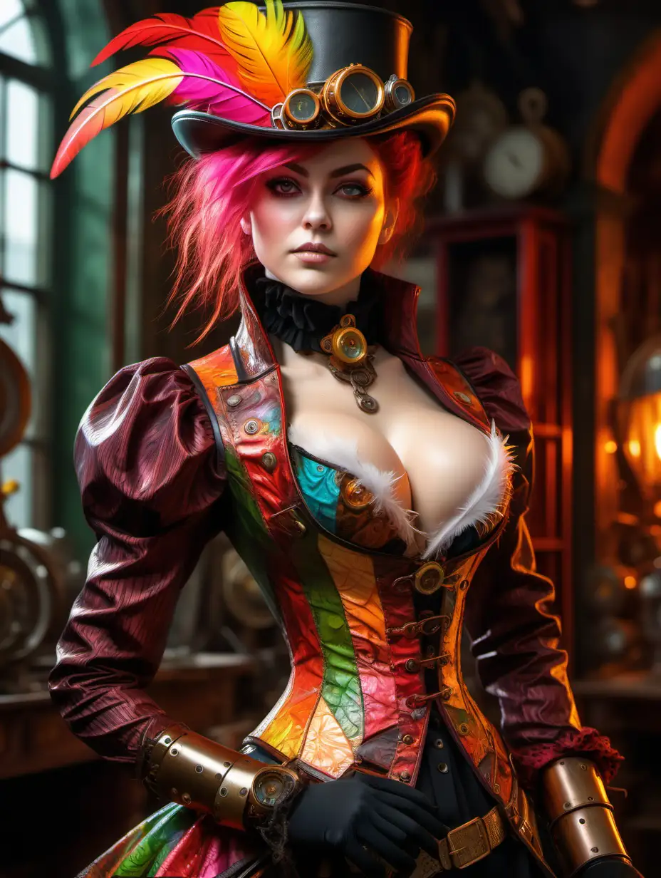 Victorian Steampunk Woman with Colorful Feather Plumes