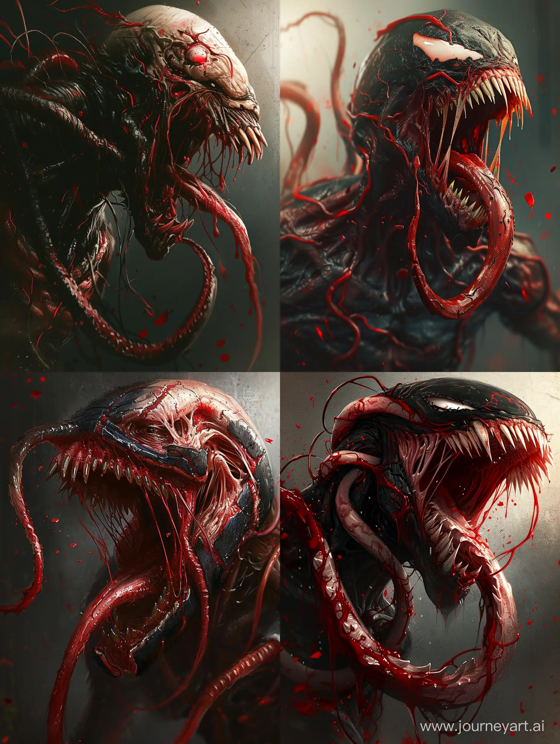 The image features a close-up of a monster with red and black skin, long teeth, and a large, elongated red tongue. It has red blood vessels scattered across its skin and is shown in a dark, muted color palette. The monster appears to be contorting its face in a menacing manner.