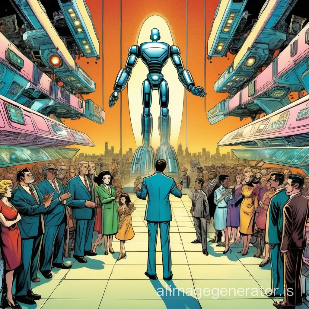 The image presents a retro-futuristic scene in a typical 1950s US environment, but with added science fiction elements. The scene takes place in a public debate hall, mixing women, men, and robots, with a platform in the center where two main speakers are located. On one side of the platform stands a character inspired by 1950s Marvel heroes, dressed in an elegant suit with a collared shirt, a thin tie, and a fitted jacket. He holds a microphone in hand and looks convincingly towards the audience. By his side is a futuristic humanoid robot, who appears to be his ally. The robot is designed with sleek lines and flashing lights, giving it both an advanced and retro appearance. On the other side of the platform stands a character with a more eccentric style, inspired by the aesthetics of Moebius, wearing brightly colored clothes and futuristic accessories. He also brandishes a microphone and energetically debates with his opponent. By his side is a holographic artificial intelligence, represented by a luminous humanoid figure floating in the air, emitting data waves and binary codes. The audience, composed of various characters from the 1950s, is divided between supporters and opponents of robots and AI. Some applaud and support one of the speakers, while others express their disagreement with animated gestures. In the background, we can see a representation of advanced 1950s technology, such as flying cars, futuristic skyscrapers, and holographic billboards. This scene captures the retro-futuristic ambiance of the 1950s, while exploring science fiction themes such as the ethics of emerging technologies like robots and AI, in the distinctive style of Marvel and Moebius universes.