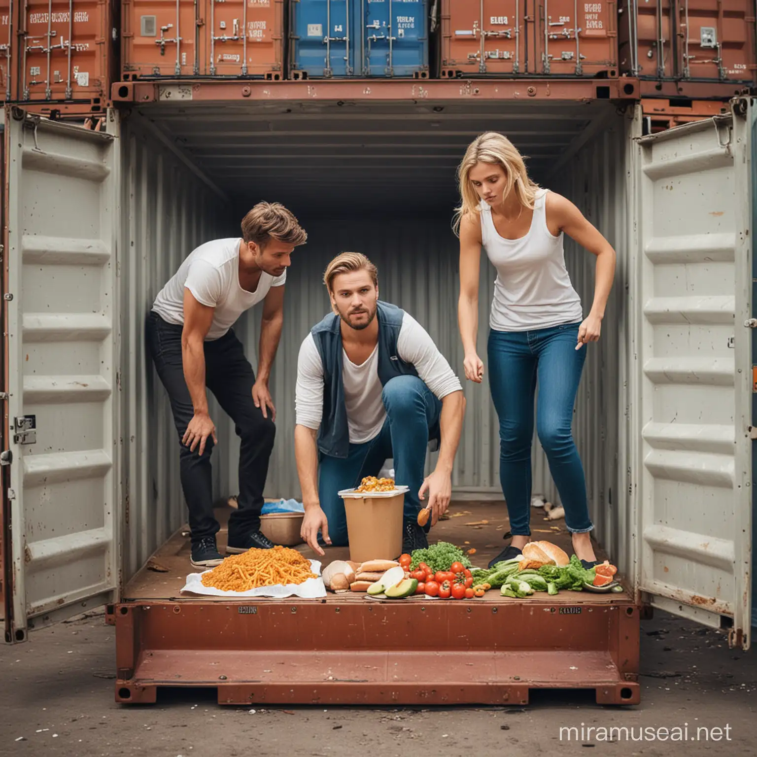 Lav et billede af en mand og dame nede i en container og leder efter mad
