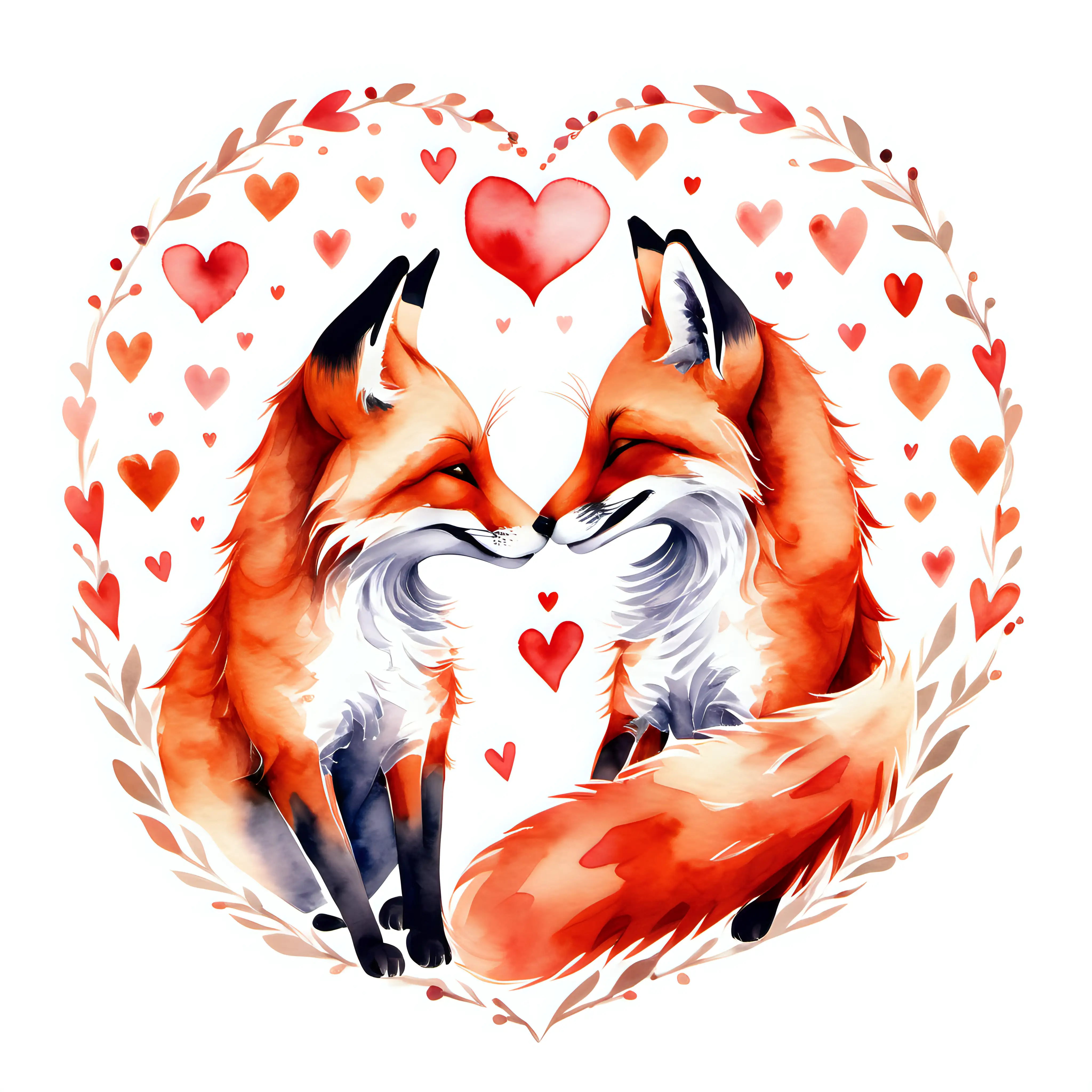 watercolor style, two red foxes touching noses with hearts around them on a white background.
