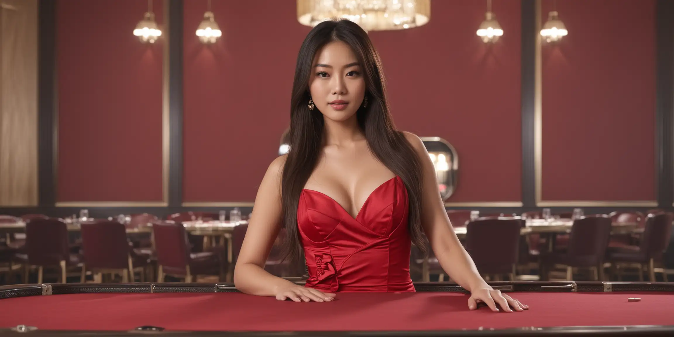 亚洲女模特，前面有casino桌子，穿着cherry红礼服，正面，长头发，单色的背景，逼真，4k高清，