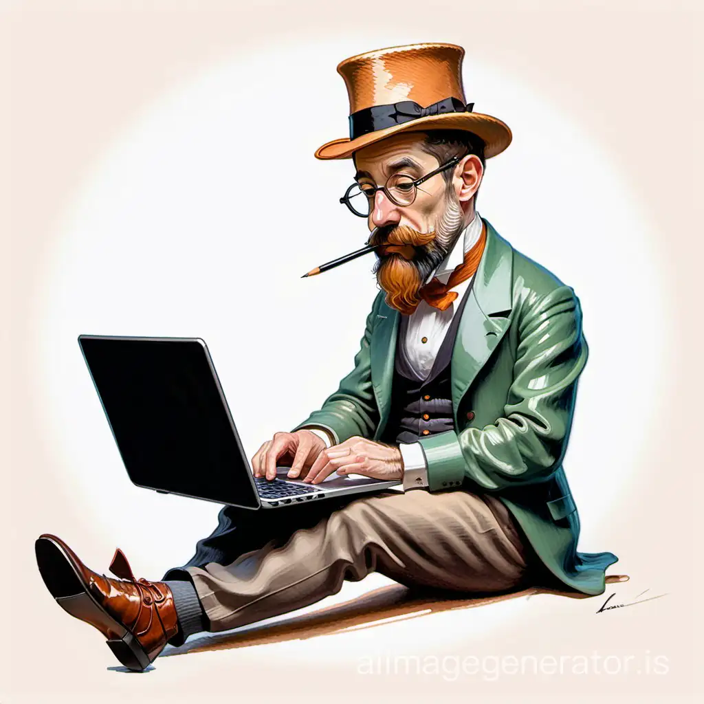 a caricature representing the painter toulouse lautrec using a laptop