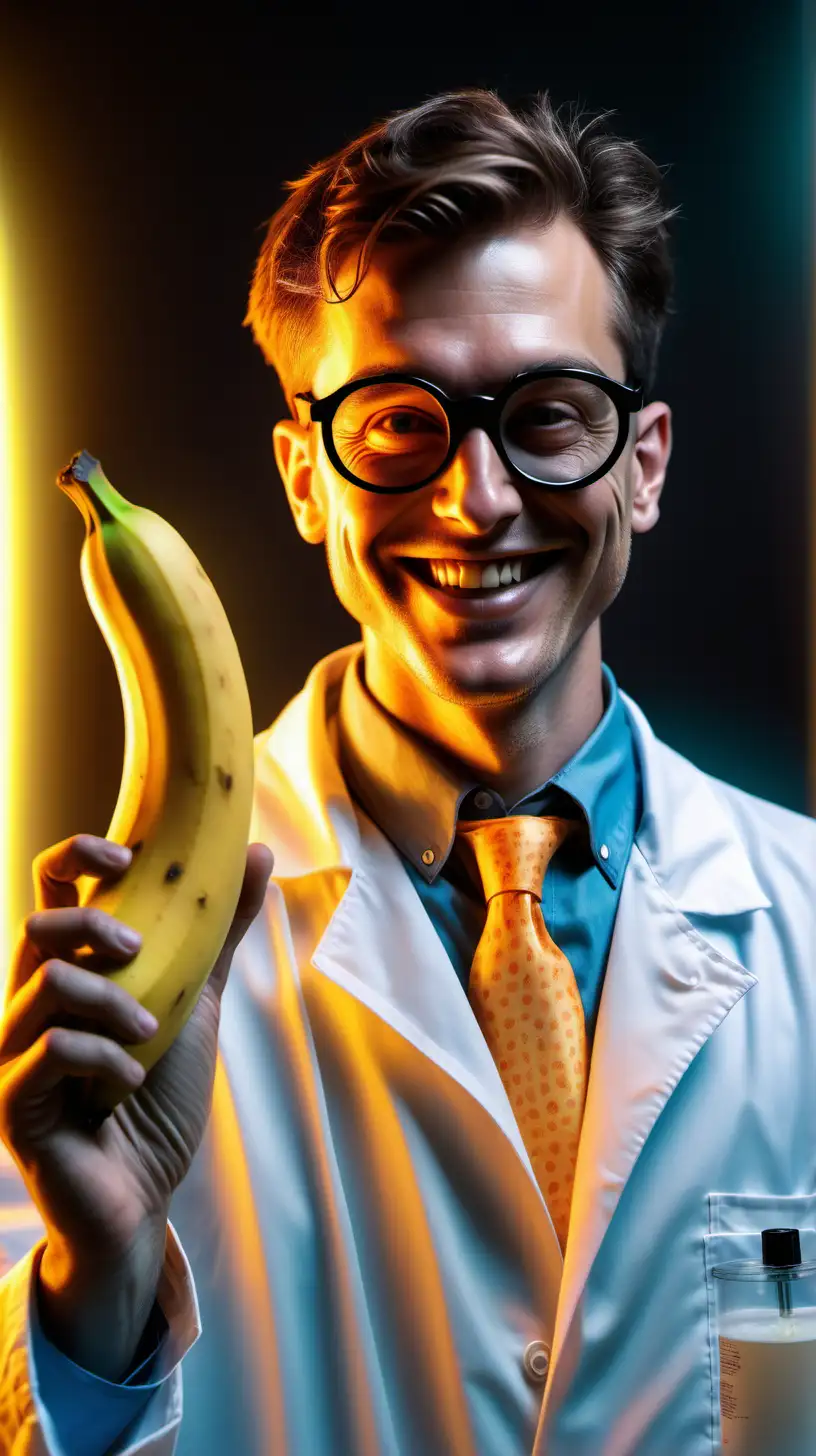generate a image of a man in a lab coat wearing goggles while smiling at the banana in his hand which is glowing with yellow and organe light . the image should be very very realistic ,hyper realistic , 8k , full clarity
