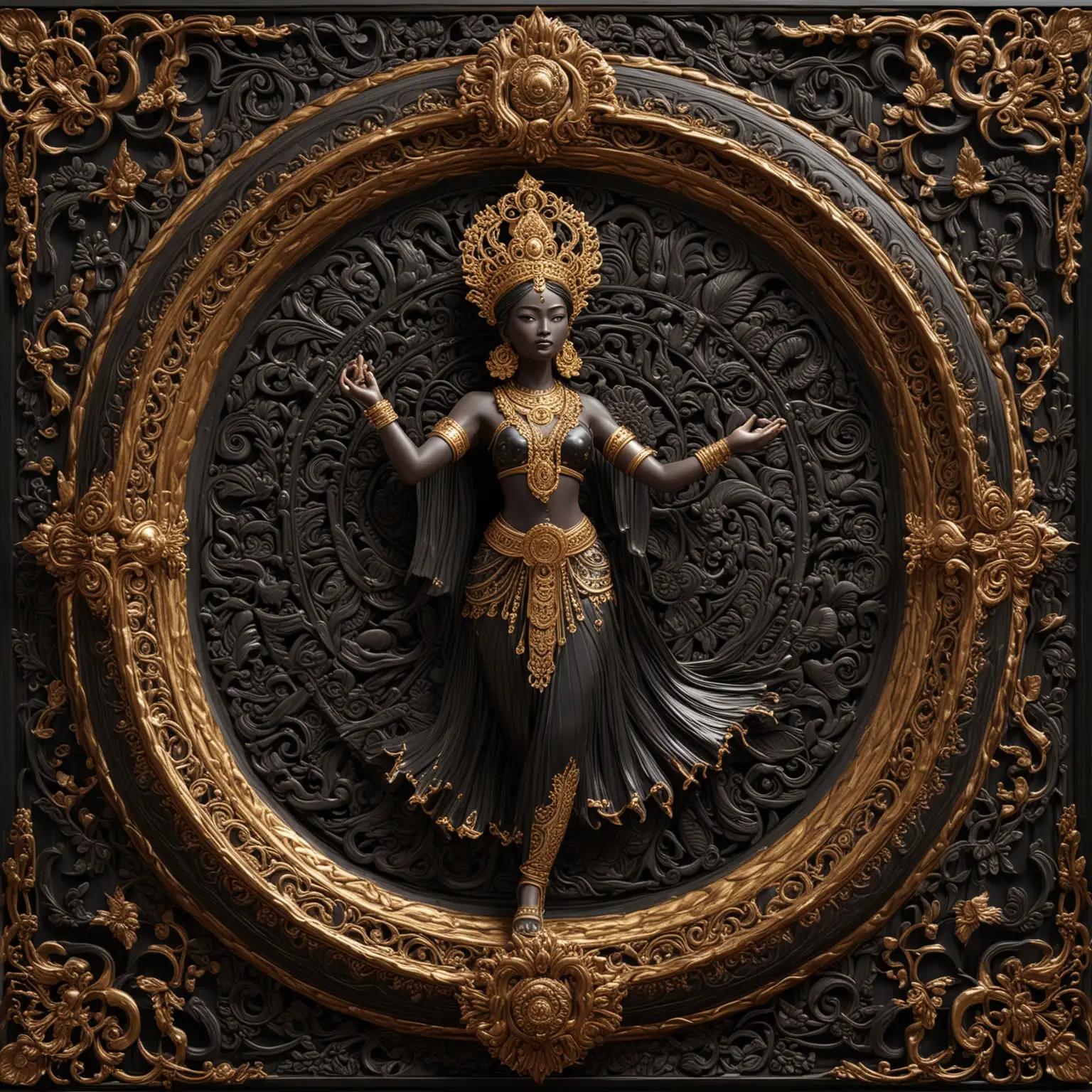 3D SEAMLESS AND TILEABLE BLACK LACQUERED WOOD WITH A FINELY CARVED FRAMED SURROUND FEATURING A CARVED WOOD THAI DANCER WITH A GOLD HEADDRESS





