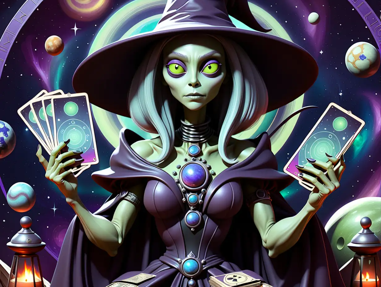 Alien witch holding tarot cards.  orbit background.