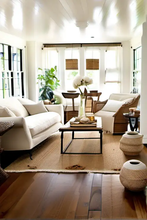 white walls, light colored neutral slipcover sofa with camel, beige and white pillows. Light oriental rug with a little bit of beige and caramel. Square , low  rustic wood coffee table  big brown and white  round vase with white peonies in it on the coffee table. White curtains with bamboo shades.  Windows in the background with a wooden sofa table in front of the windows. Ginger jar lamps on the sofa table. Sisal rug. Meticulous detail in the Nancy Meyer style. Textural harmony.