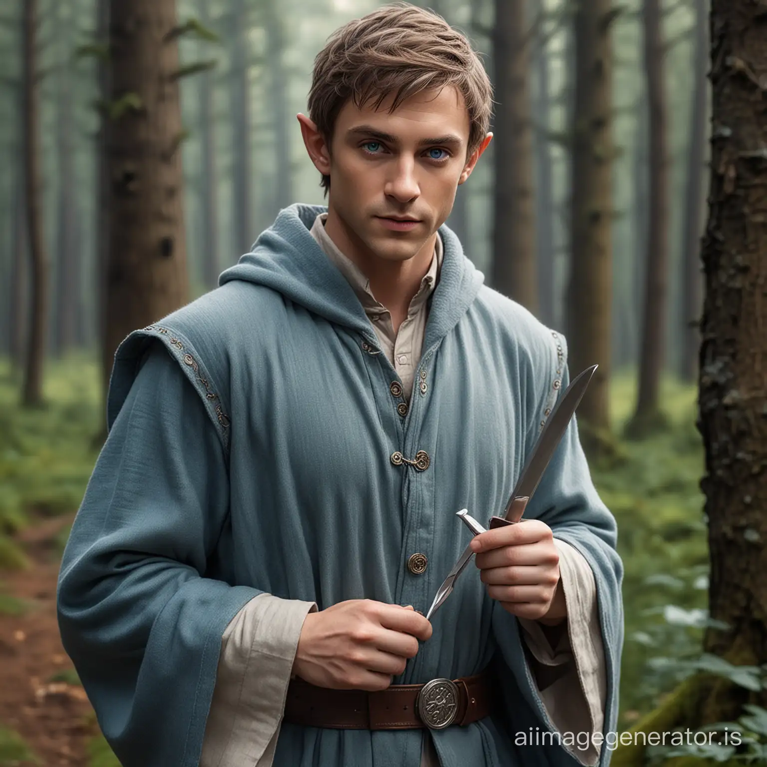 Realistic picture of a good looking male Elf with brown short hair and blue eyes. He wears a long grey robe with siver buttons. He wears blue trousers. He's holding a long Diamondknife. Behind him is a forest
