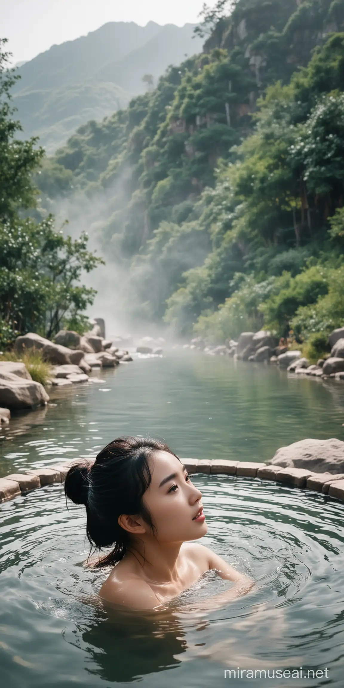 Young Woman Relaxing in Natural Hot Springs Amidst Scenic Beauty