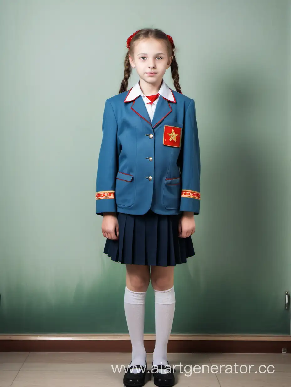 Soviet-School-Girl-Standing-Tall-in-Uniform