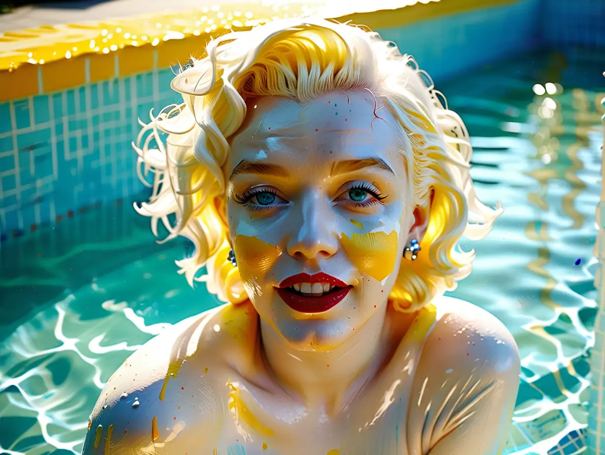 Create soft white light on a face. Create Marilyn Monroe that have blue eyes, white eye brows, pale skin, perfect white teeth, she is covered in yellow paint and is standing in a swimming pool. Style is David Hockney. Blue swimming pool. --niji 6 style raw