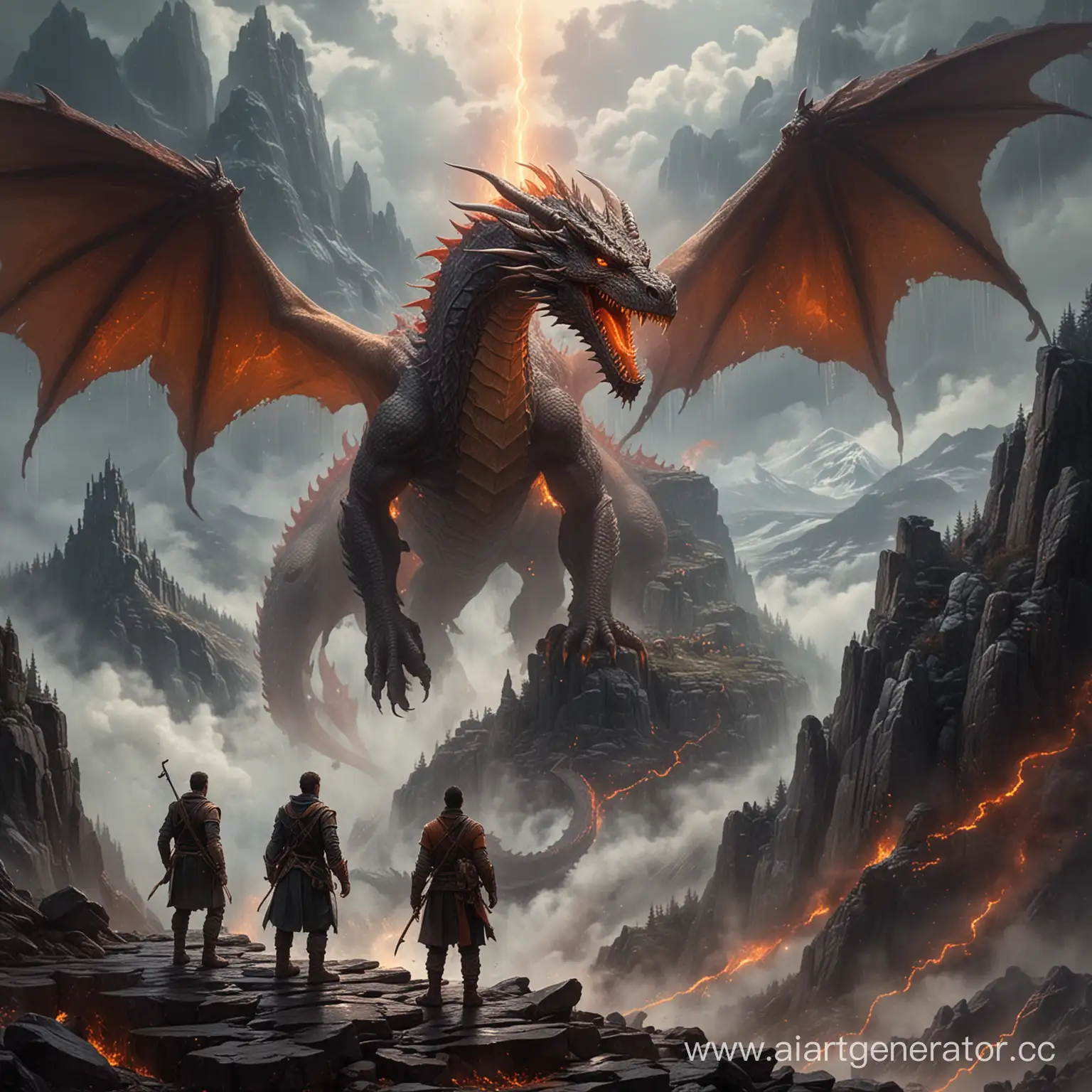 Fantasy-Art-ThreeHeaded-DragonGorynych-Towering-Over-a-Mountain-with-a-Brave-Traveler-Amidst-Fiery-Rain