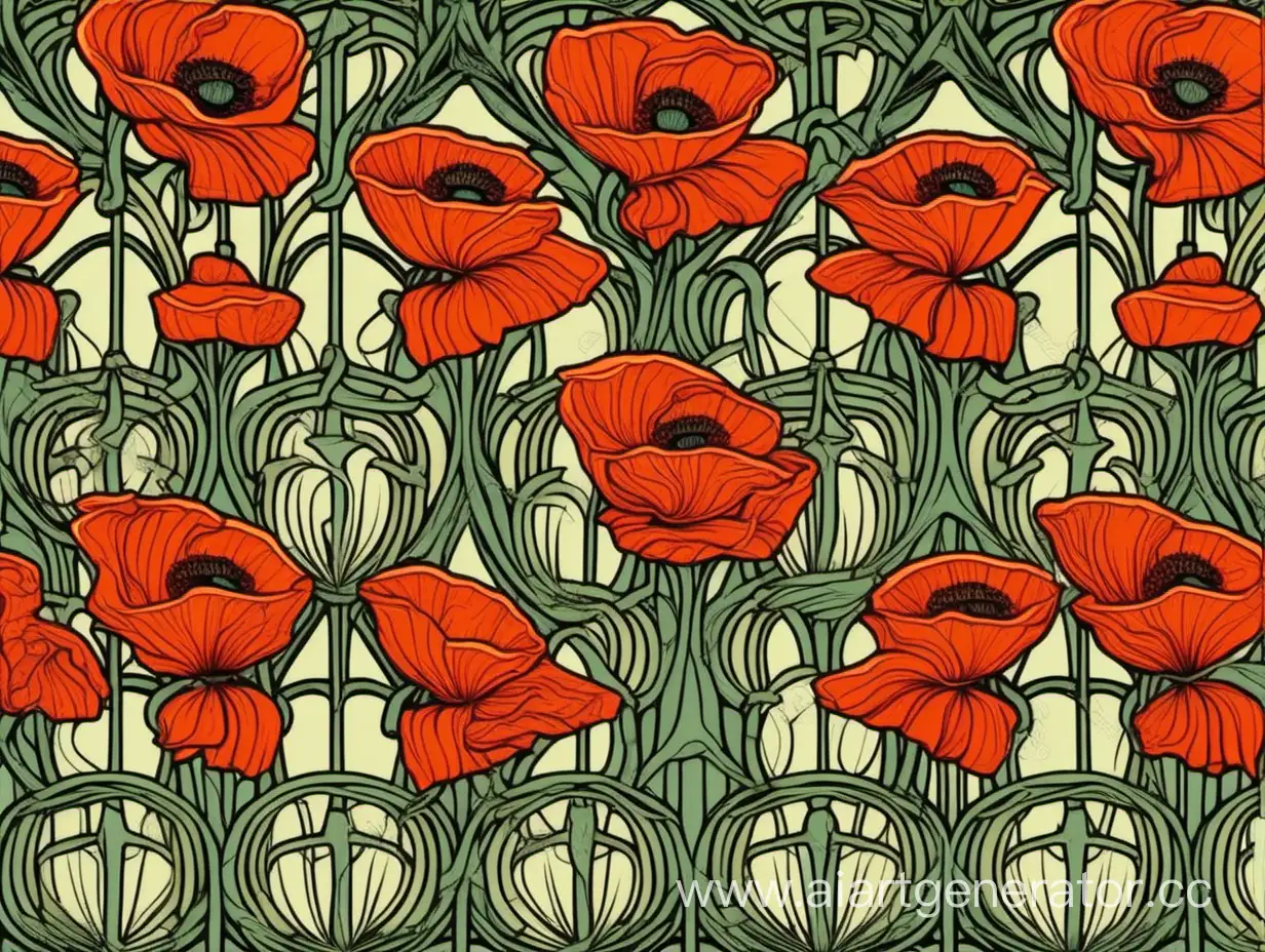 A pattern with poppies in art noveau style. Very many repetitions of the pattern