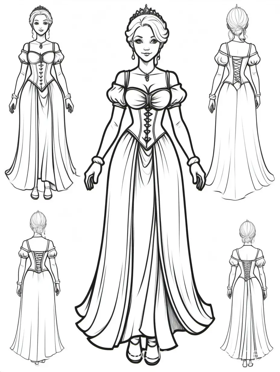 character study, MEDIEVAL PRINCESS, WHITE hair, up do hair, CORSET DRESS, multiple poses, full body, half body, quarter body, arms in poses, hair up and hair down, artist canvas, annotations, Coloring Page, black and white, line art, white background, Simplicity, Ample White Space. The background of the coloring page is plain white to make it easy for young children to color within the lines. The outlines of all the subjects are easy to distinguish, making it simple for kids to color without too much difficulty