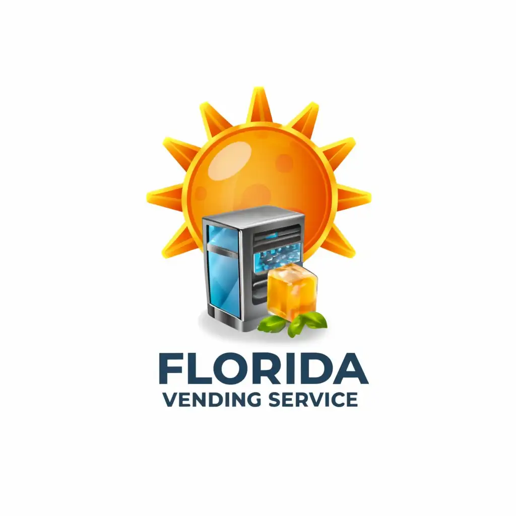 a logo design,with the text 'Florida Vending Service', main symbol:sun, ice cube and vending machine. 3d logo,Moderate,be used in Retail industry,clear background. blue and orange 