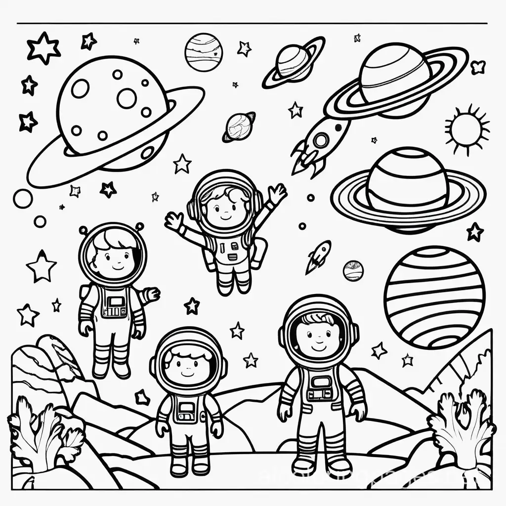 Take kids on a journey through space, featuring planets, rockets, astronauts, and aliens., Coloring Page, black and white, line art, white background, Simplicity, Ample White Space. The background of the coloring page is plain white to make it easy for young children to color within the lines. The outlines of all the subjects are easy to distinguish, making it simple for kids to color without too much difficulty