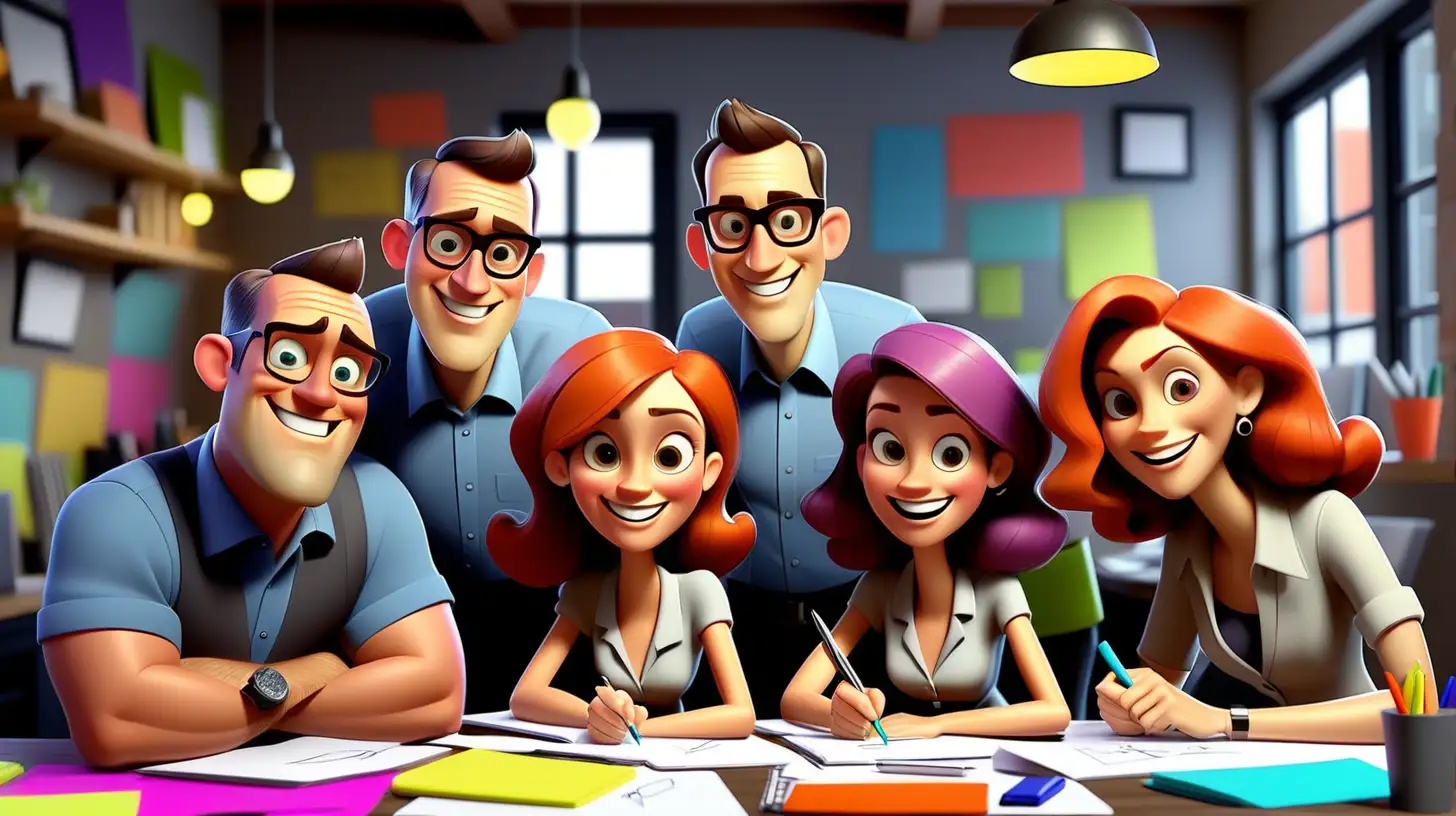 happy business owners around a table making notes and planning, colorful, pixar style, no watermark