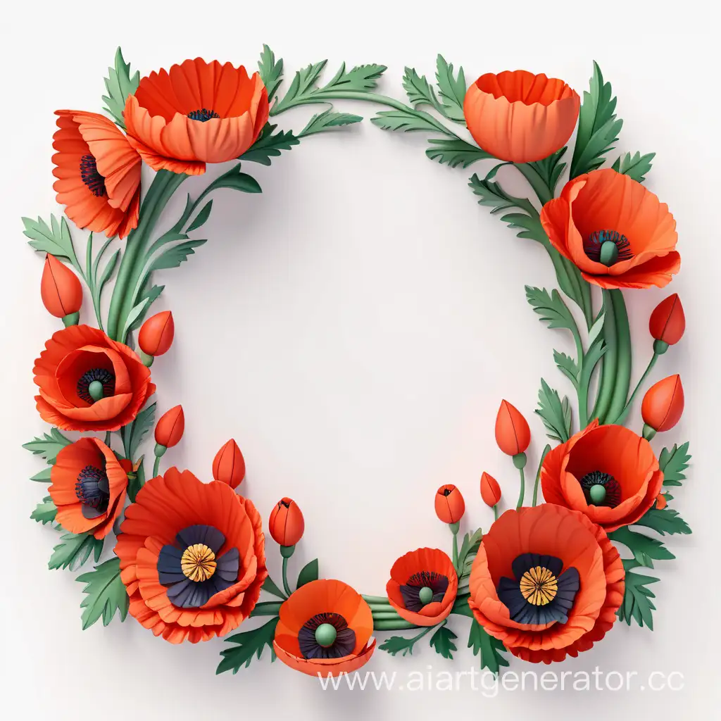 simple icon of a 3D flame border bouquets floral wreath frame, made of border bright Poppy flowers. white background.