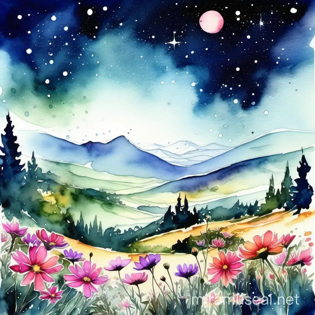 Romantic Cosmos Landscape in Watercolor Celestial Love Story