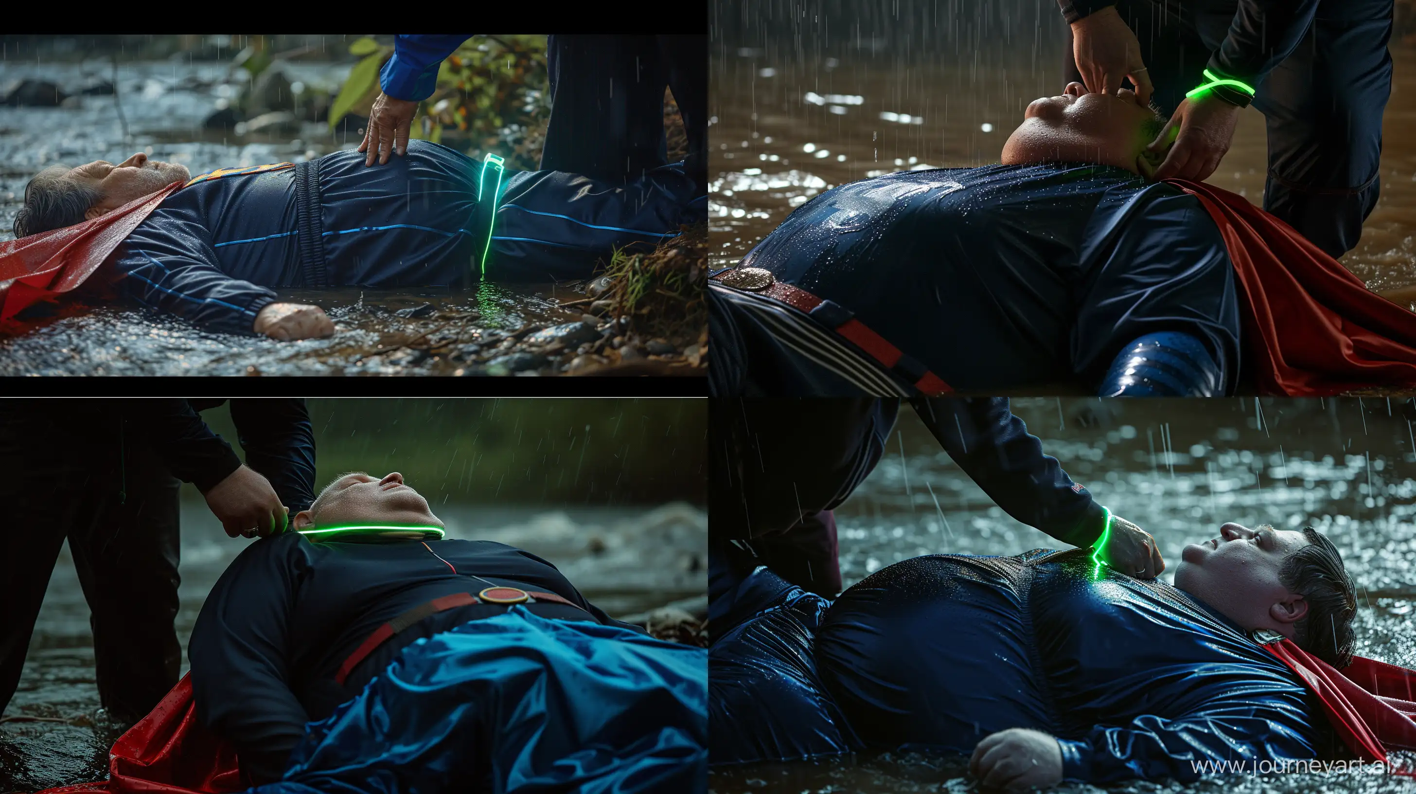 Close-up photo of a fat man aged 60 wearing a navy silk black tracksuit with a blue stripe on the pants. He is tightening a tight green glowing neon dog collar on the neck of a fat man aged 60 wearing a tight blue 1978 smooth superman costume with a red cape lying in the rain. Natural Light. River. --style raw --ar 16:9