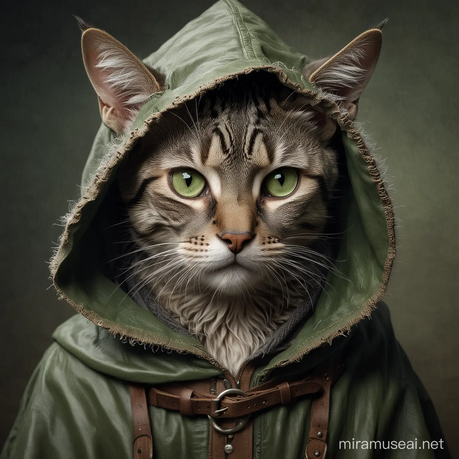 anthropomorphic grey tabby feline with large green eyes, wearing dark green, tattered, hooded cloak, ears through hood, and brown leather straps, portrait, finely detailed, cinematic
