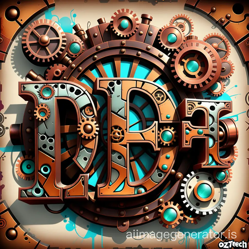 The Name Oztech in steampunk graffiti style letters