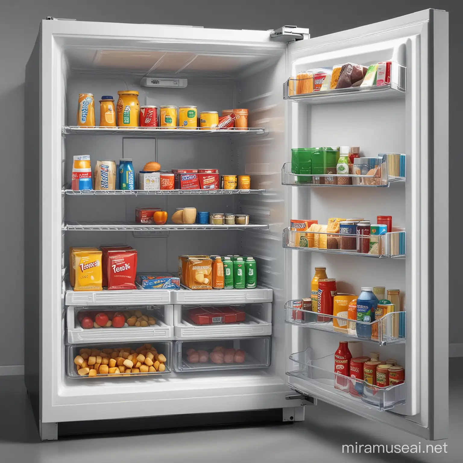 full view of an open absolutely empty refrigerator in the kitchen with photorealistic food packages laid out like in the game Tetris