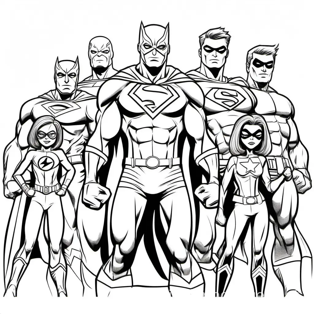 Design a comic-style page featuring a superhero team assembling, Coloring Page, black and white, line art, white background, Simplicity, Ample White Space. The background of the coloring page is plain white to make it easy for young children to color within the lines. The outlines of all the subjects are easy to distinguish, making it simple for kids to color without too much difficulty