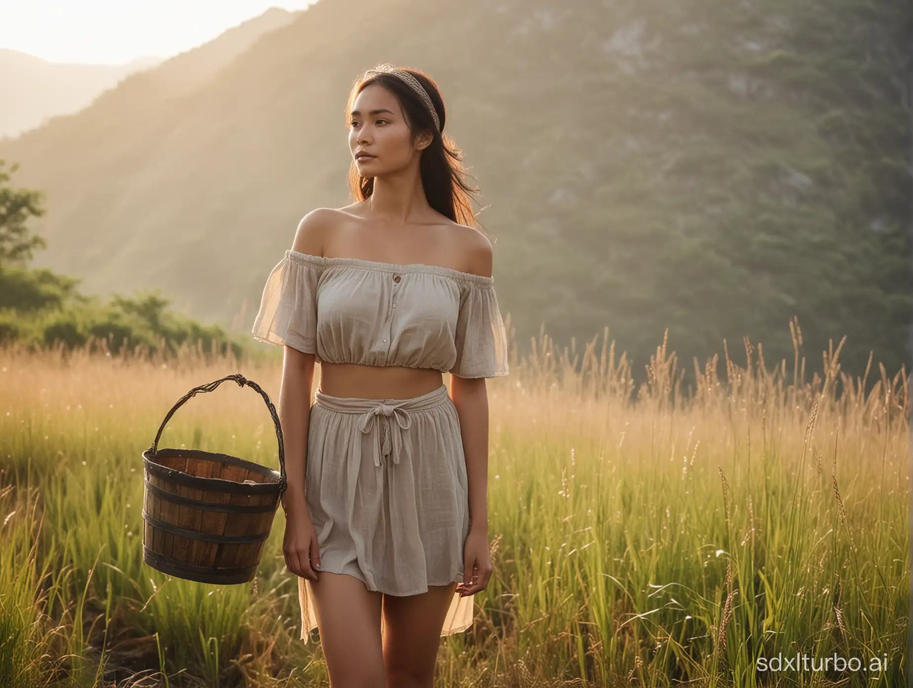 40 years old filipina lady in high grass holding wooden bucket. Hilltop in morning mist. Sunrise, sun rays. Wearing unbuttoned cropped loincloth shirt. Revealing. Profusely sweating. Wet clothes. Headband. Medieval time. Film grain, soft lighting. Bokeh. Fat Legs. Freckles skin. Small flat breasts. Hair tied. Contour of volcano in background. Full body from side. Erected nipples. Naked hips. Deep V cut. Seducing face. Inviting pose. 