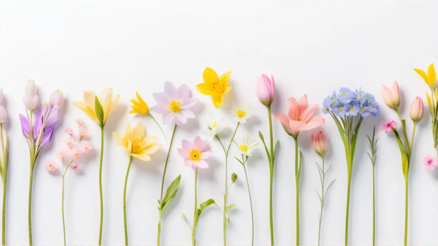  lots of pastel delicate colorful spring flowers,white background