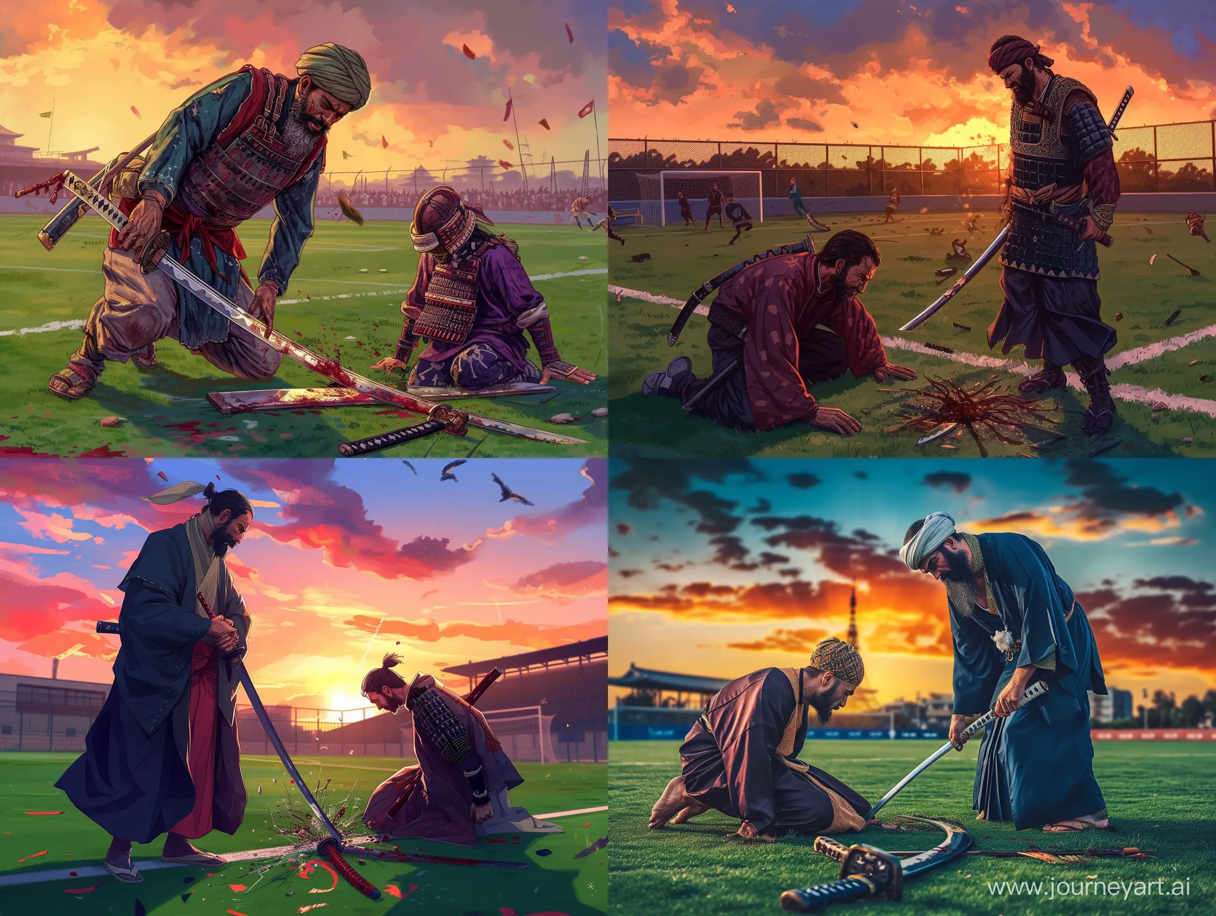 Persian-Prince-Confronts-Despairing-Samurai-on-Soccer-Field-at-Sunset