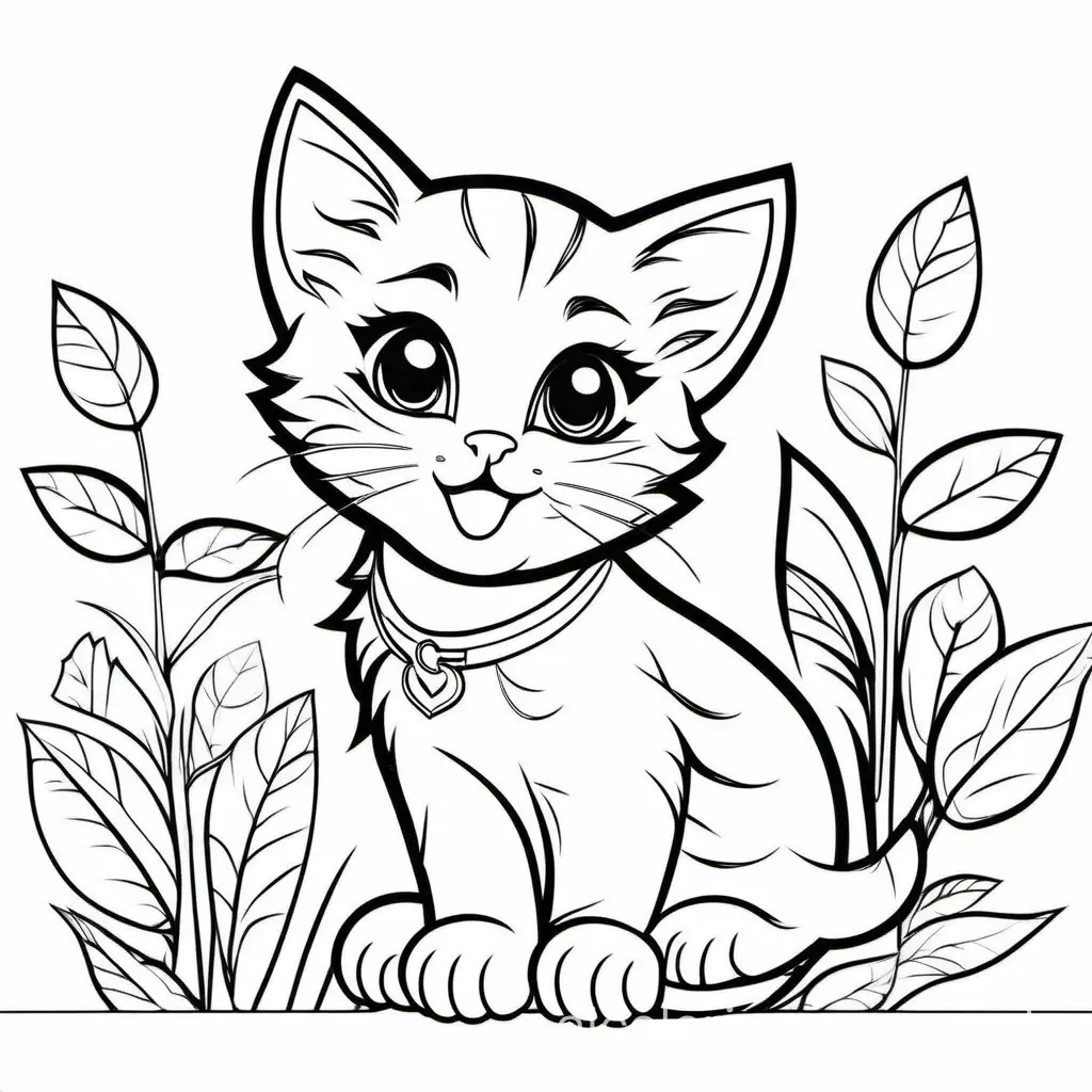 A cute kitten, simple and elegant look, Coloring Page, black and white, line art, white background, Simplicity, Ample White Space. The background of the coloring page is plain white to make it easy for young children to color within the lines. The outlines of all the subjects are easy to distinguish, making it simple for kids to color without too much difficulty