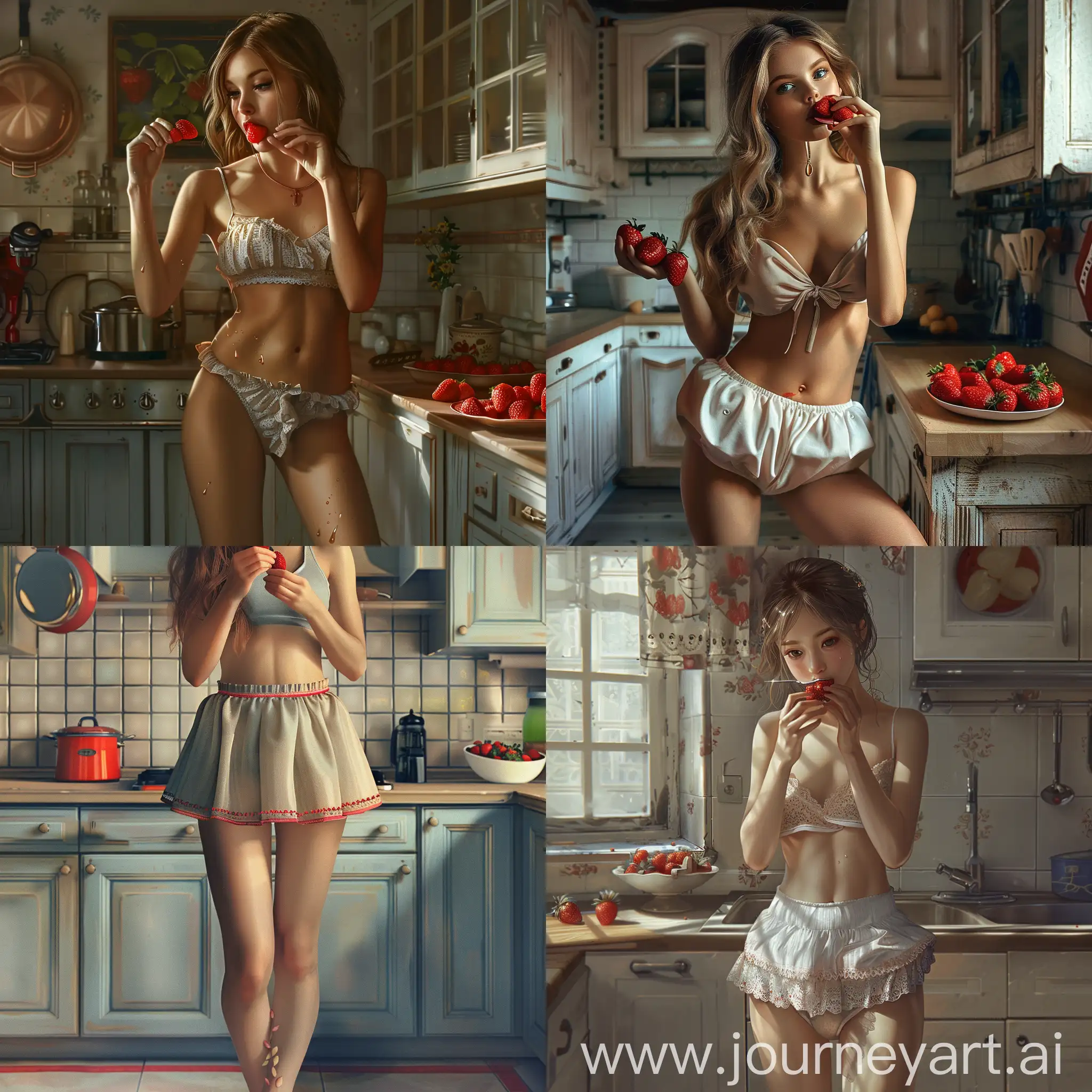 a girl in a beautiful neckline in the kitchen eats strawberries, stands tall, slender legs, high resolution