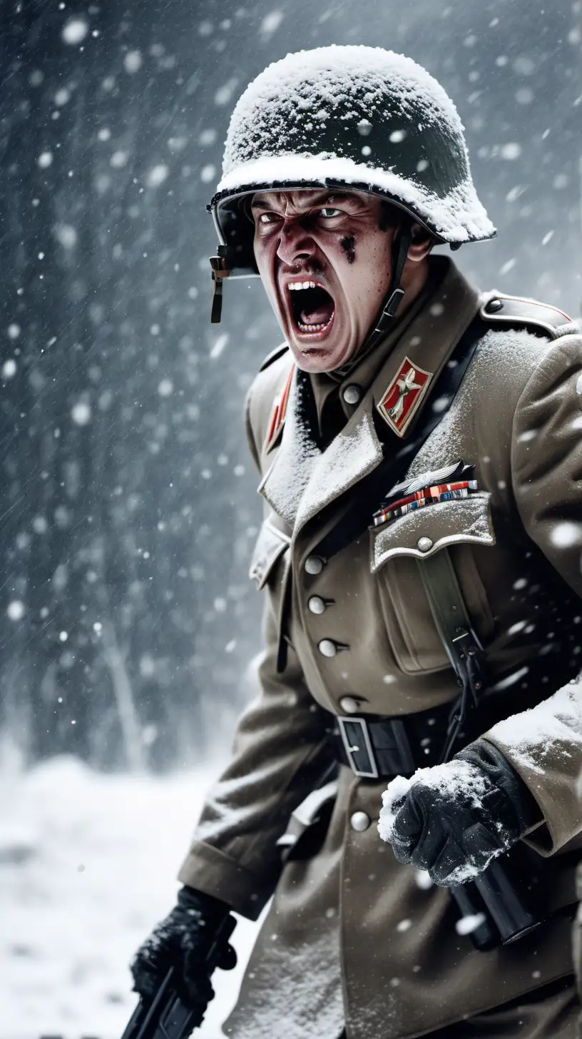 Aggressive World War II German Soldier Battling in Snowy Terrain