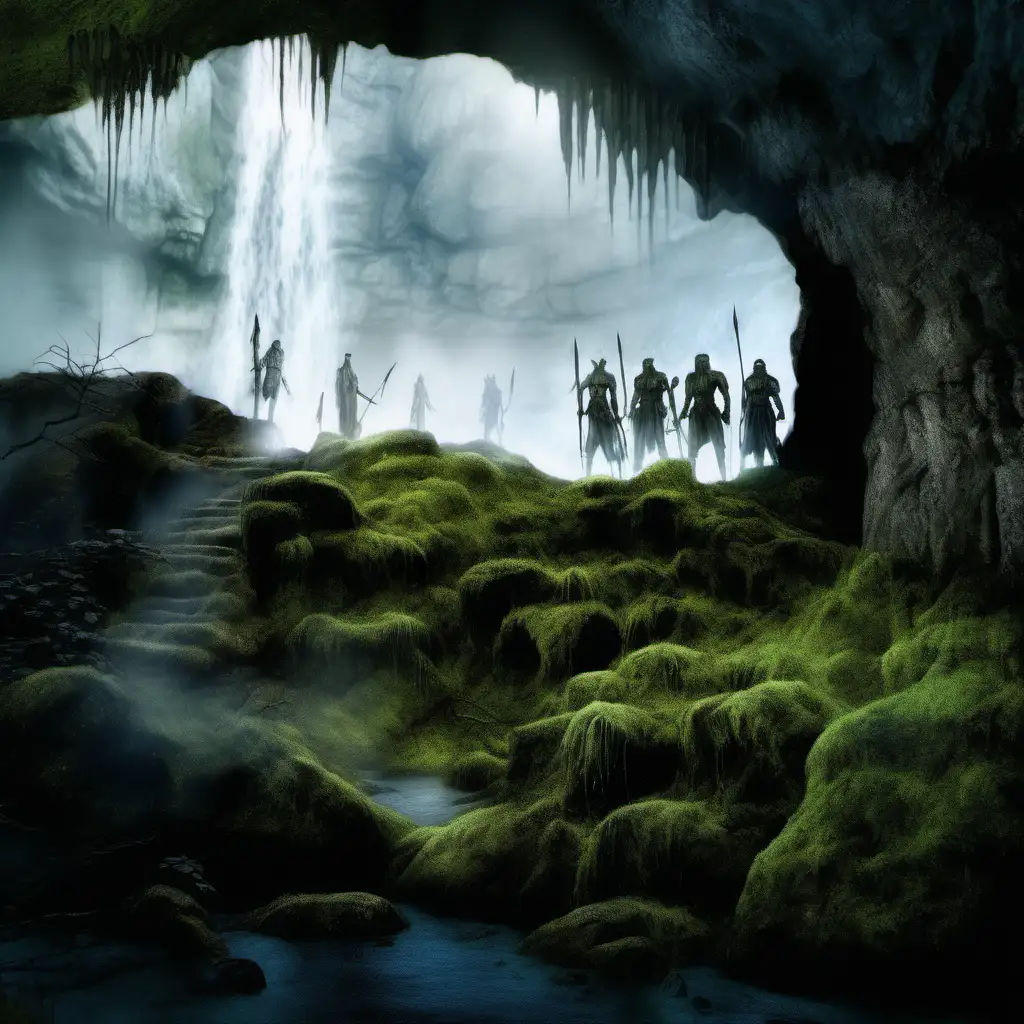 genera una ilustración estilo Luis Royo, copia la foto original. una cueva cubierta de musgo, al fondo la salida de la cueva y una catarata, tres guerreros al fondo, luz etérea y fría