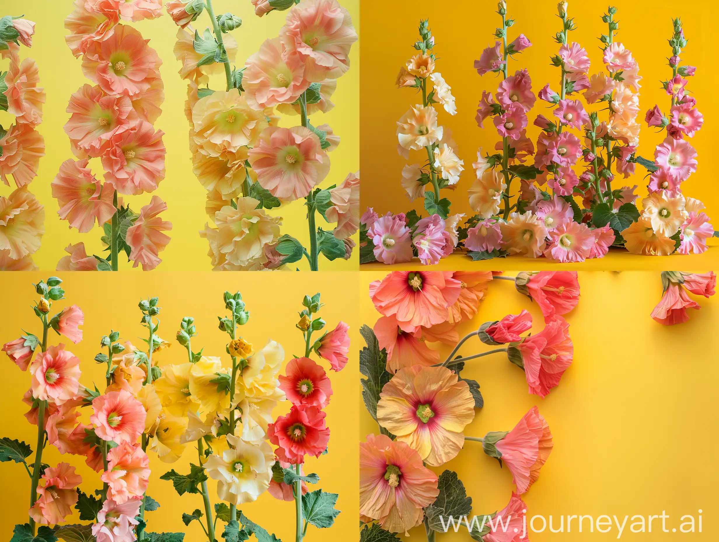 Studio shot with a rich yellow background of Hollyhocks