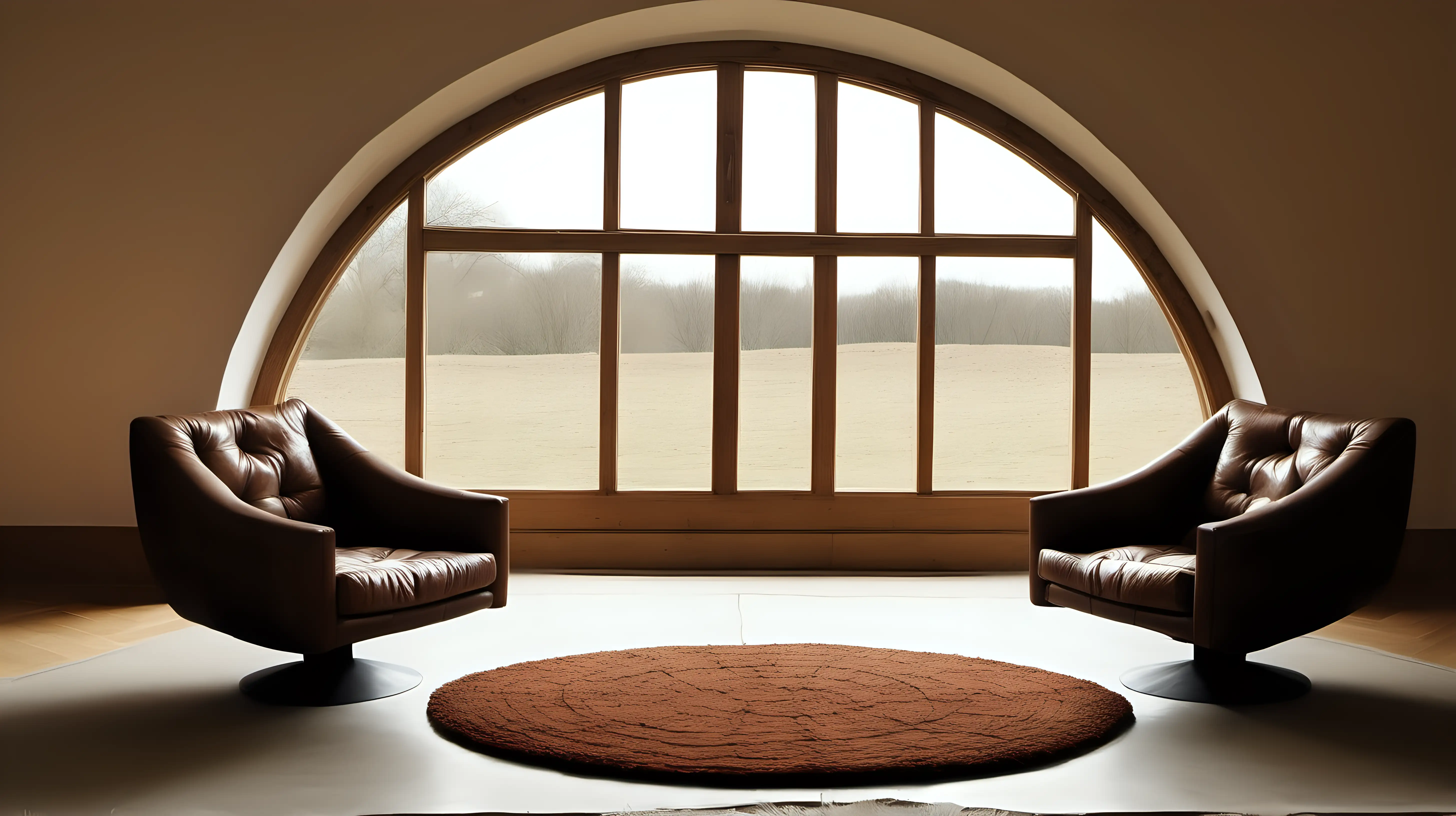 One large round window in a wall with an oak frame. Two leather armchairs facing each other before the window, a thick wool rug on the floor. Photographic quality, warm lighting.