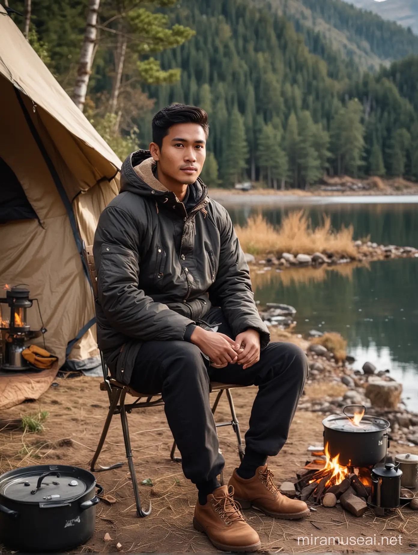 Handsome man from Indonesia, short hair neatly parted to the side, aged 25, round face, full body, wearing a black mountain jacket, brown mountain shoes, sitting relaxed on a chair, in front of him there is a table, stove and coffee, with a lake camping tent in the background . and surrounded by forests